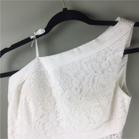 NWT Aidan Mattox Lace Peekaboo One Shoulder Chiffon Ivory Maxi Dress Size 0 - Picture 6 of 14